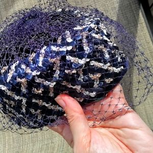 Union made black and white open pillbox hat with netting